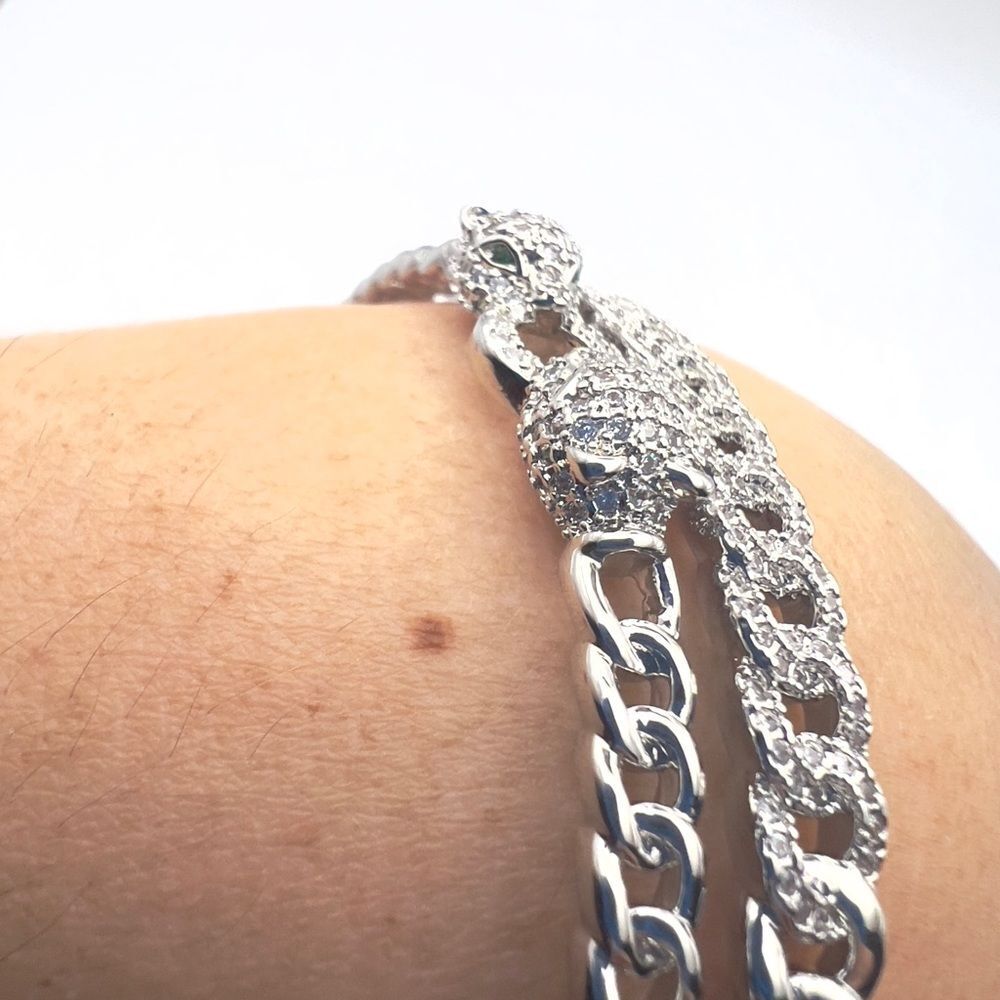 14k white gold filled double-bangle panther bracelet Cuban link - Picture 4 of 5